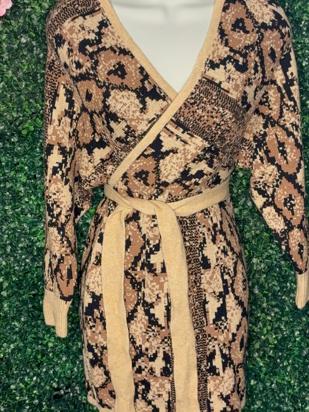Wrapped Knit Belted Dress in Tan and Black